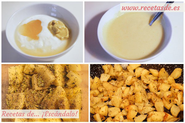 Salsa de mostaza y miel y patatas al romero