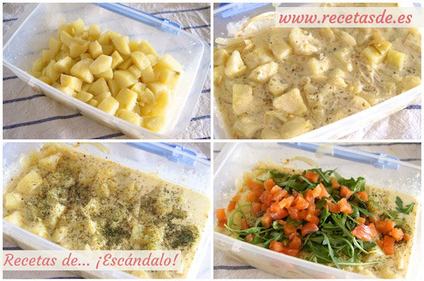 Cómo hacer ensalada alemana de patatas cocidas y salmón ahumado con salsa mayonesa tártara