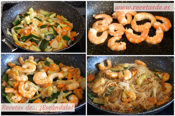 Receta de fideos de arroz chinos con gambas y verduras