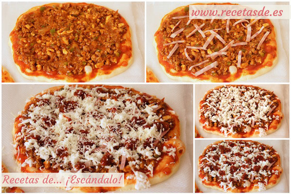Montaje de la pizza barbacoa con masa de pizza casera