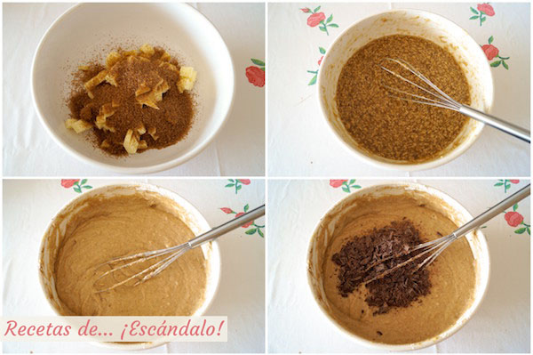 Preparando un bizcocho casero bundt cake de platano, chocolate y canela
