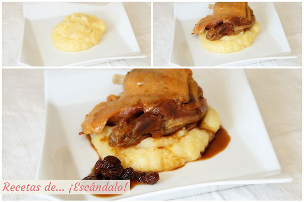 Sirviendo el confit de pato con salsa Pedro Ximenez y pure de patatas y manzanas
