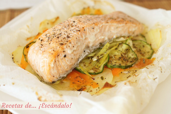 Receta de salmon en papillote al horno con verduras y patatas