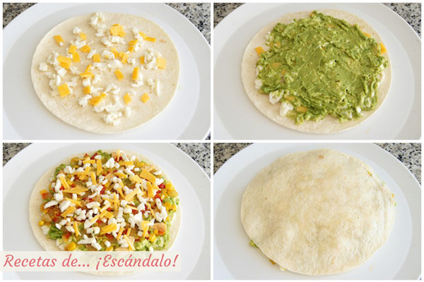 Como hacer quesadillas mexicanas de pollo y queso con verduras y aguacate