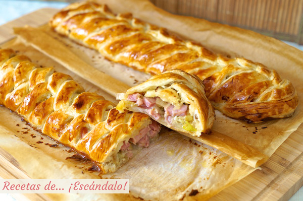 Receta de trenza de hojaldre rellena de jamon, queso y puerros