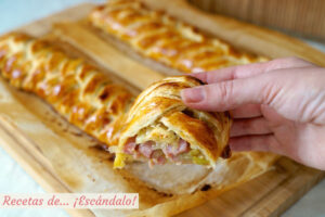 Trenza de hojaldre rellena de jamón, queso y puerros