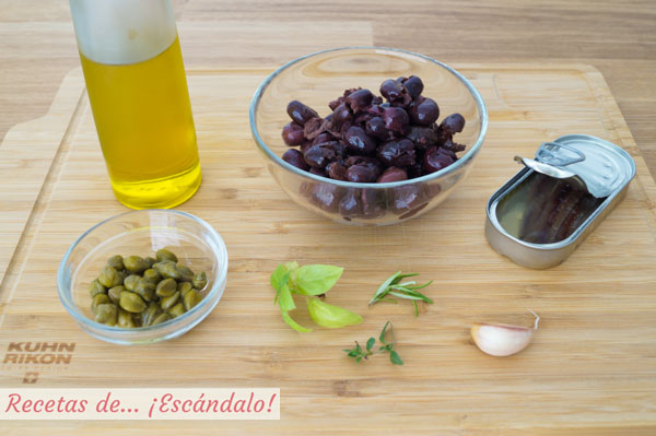 Ingredientes para la tapenade o pate de aceitunas negras