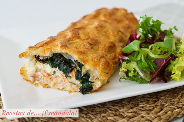 Receta de hojaldre relleno de salmon con queso feta y espinacas