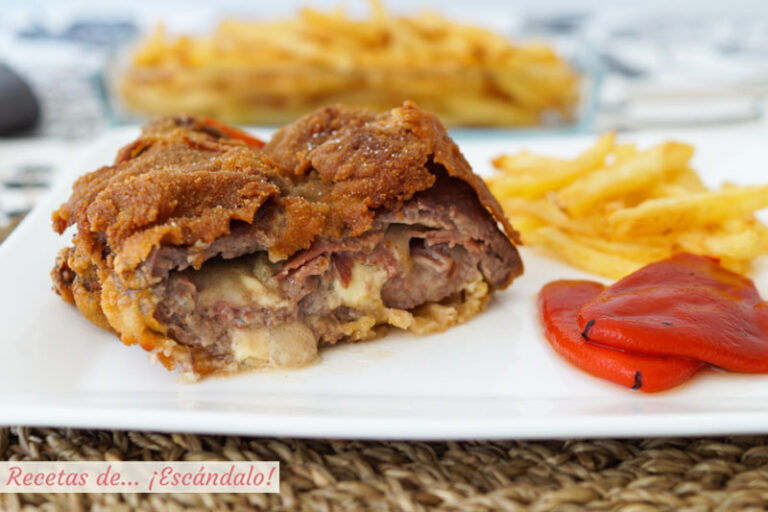 Receta de cachopo asturiano de ternera con pimientos del piquillo y patatas fritas