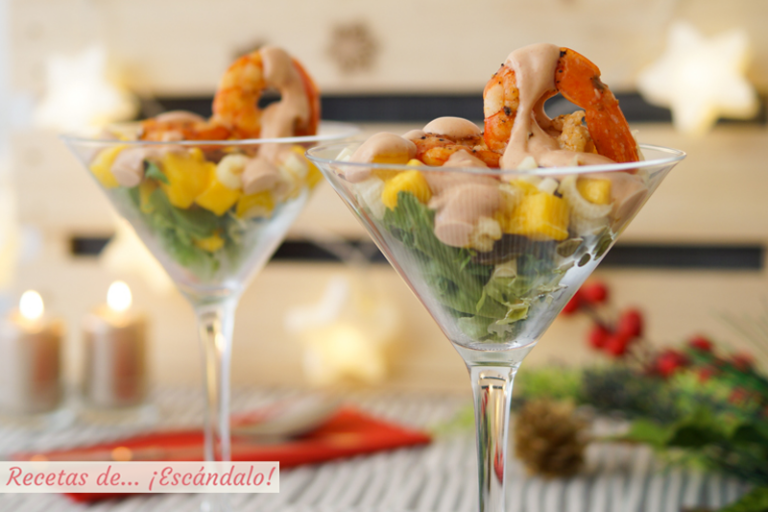 Receta de cóctel de gambas a la plancha con mango y salsa rosa casera