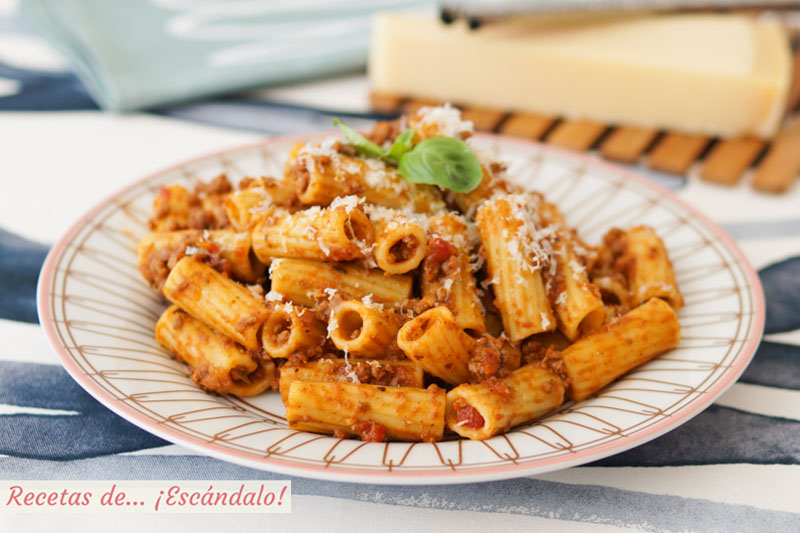 Rigatoni con salsa bolonesa. Receta de pasta deliciosa