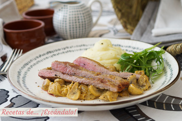 Receta de secreto de cerdo iberico con champinones cremosos a la mostaza
