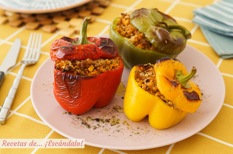 Pimientos rellenos de carne picada y cuscus al horno, deliciosos