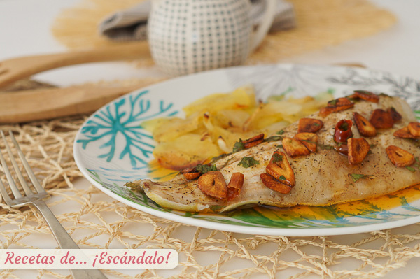 Receta de lubina a la espalda al horno con patatas y salsa bilbaina