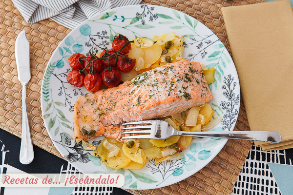 Como hacer salmon al horno con patatas y cebolla, delicioso