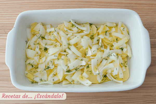Guarnicion patatas y cebolla salmon al horno