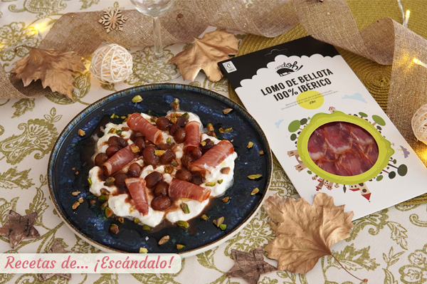 Queso burrata con uvas salteadas y lomo de bellota 100% ibérico